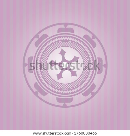 ninja star icon inside badge with pink background. Flat design. 