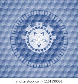 ninja star icon inside blue emblem with geometric pattern background.