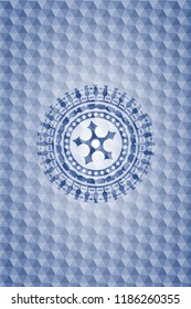 ninja star icon inside blue emblem with geometric pattern.
