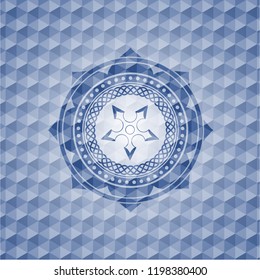 ninja star icon inside blue emblem or badge with geometric pattern background.