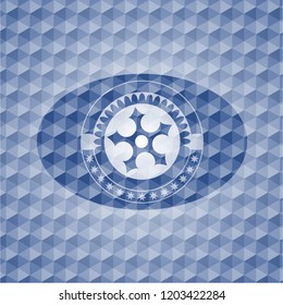 ninja star icon inside blue emblem or badge with abstract geometric pattern background.