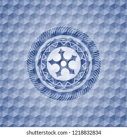 ninja star icon inside blue emblem or badge with abstract geometric polygonal pattern background.