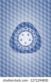 ninja star icon inside blue emblem or badge with abstract geometric pattern background.