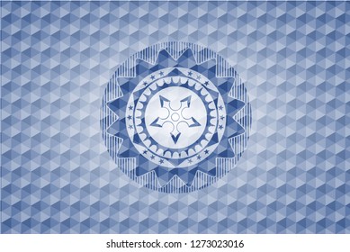ninja star icon inside blue emblem with geometric pattern.