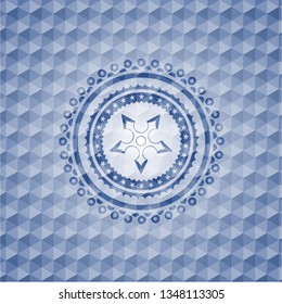 ninja star icon inside blue emblem or badge with abstract geometric polygonal pattern background.