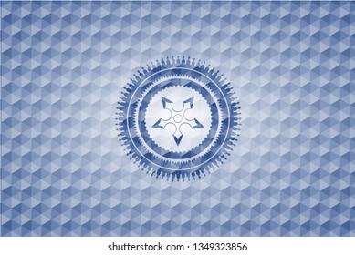 ninja star icon inside blue emblem with geometric pattern background.