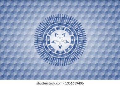ninja star icon inside blue emblem or badge with geometric pattern background.