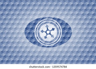 ninja star icon inside blue emblem or badge with abstract geometric polygonal pattern background.