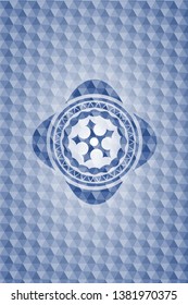 ninja star icon inside blue emblem with geometric pattern background.