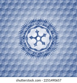 ninja star icon inside blue emblem or badge with abstract geometric pattern background. 