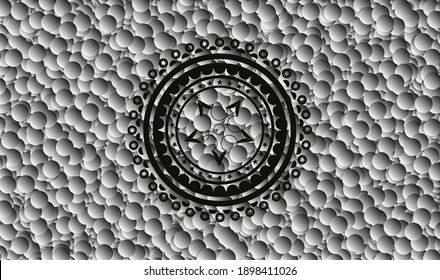 ninja star icon inside dark badge with grey bubbles background. Vector Illustration. Detailed. 
