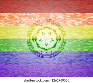 ninja star icon inside emblem on mosaic background with the colors of the LGBT flag