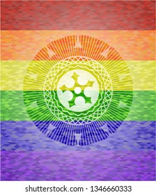 ninja star icon inside emblem on mosaic background with the colors of the LGBT flag