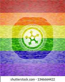 ninja star icon inside emblem on mosaic background with the colors of the LGBT flag