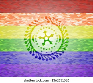 ninja star icon inside emblem on mosaic background with the colors of the LGBT flag