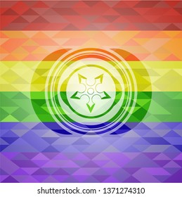 ninja star icon inside emblem on mosaic background with the colors of the LGBT flag