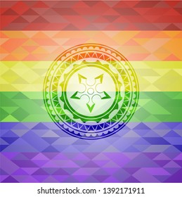 ninja star icon inside emblem on mosaic background with the colors of the LGBT flag