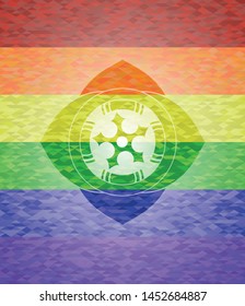 ninja star icon inside emblem on mosaic background with the colors of the LGBT flag