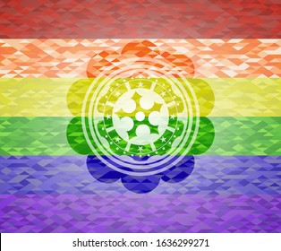 ninja star icon inside emblem on mosaic background with the colors of the LGBT flag