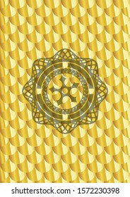 ninja star icon inside gold shiny emblem. Scales pattern. Vector Illustration. Detailed.