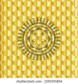 ninja star icon inside gold shiny emblem. Scales pattern. Vector Illustration. Detailed.