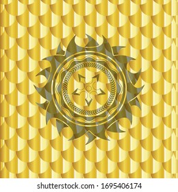 ninja star icon inside gold badge. Scales pattern. Vector Illustration. Detailed.