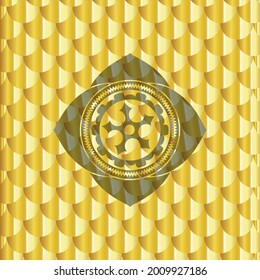 ninja star icon inside gold shiny emblem. Scales pattern. Vector Illustration. Detailed. 