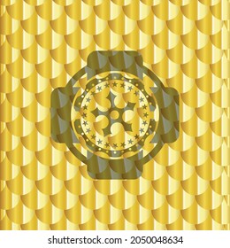 ninja star icon inside gold shiny emblem. Scales pattern. Vector Illustration. Detailed. 