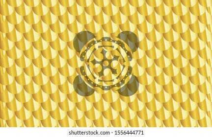 ninja star icon inside golden badge. Scales pattern. Vector Illustration. Detailed.