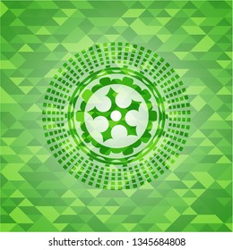 ninja star icon inside green emblem. Mosaic background