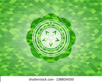 ninja star icon inside green emblem with mosaic ecological style background