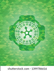 ninja star icon inside green emblem. Mosaic background