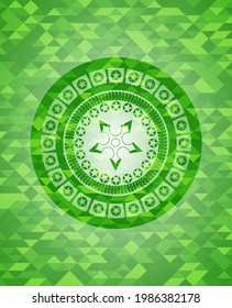 ninja star icon inside green emblem with triangle mosaic background. 