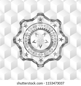 ninja star icon inside grey emblem. Retro with geometric cube white background