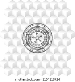 ninja star icon inside grey emblem. Retro with geometric cube white background