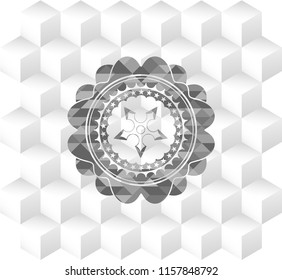 ninja star icon inside grey badge with geometric cube white background