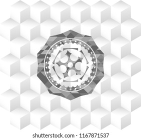 ninja star icon inside grey badge with geometric cube white background