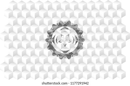 ninja star icon inside grey badge with geometric cube white background