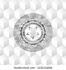 ninja star icon inside grey emblem with geometric cube white background