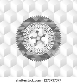 ninja star icon inside grey emblem with geometric cube white background