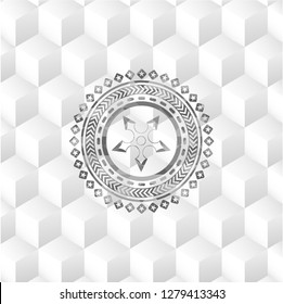 ninja star icon inside grey emblem. Vintage with geometric cube white background
