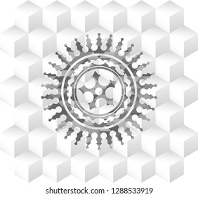 ninja star icon inside grey emblem with geometric cube white background