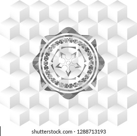 ninja star icon inside grey emblem. Vintage with geometric cube white background