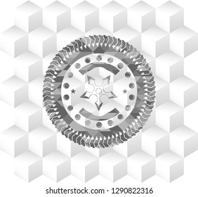 ninja star icon inside grey badge with geometric cube white background