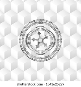 ninja star icon inside grey emblem. Retro with geometric cube white background