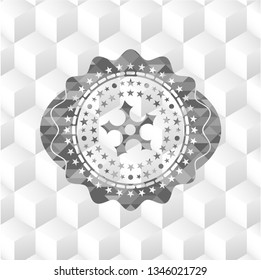 ninja star icon inside grey badge with geometric cube white background