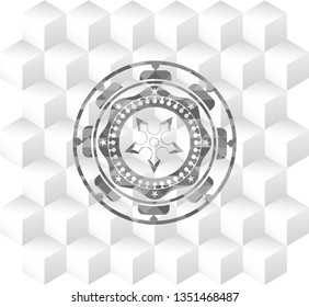 ninja star icon inside grey badge with geometric cube white background