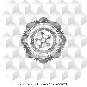 ninja star icon inside grey emblem. Retro with geometric cube white background