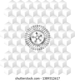 ninja star icon inside grey emblem. Retro with geometric cube white background