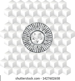ninja star icon inside grey badge with geometric cube white background